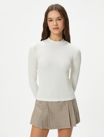Dik Yaka Tişört Uzun Kollu Ribanalı Slim Fit Viskoz Kumaş Karışımlı