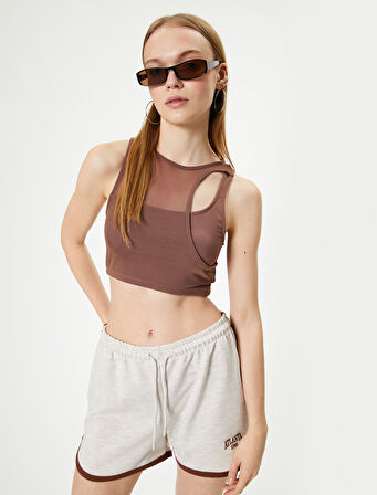 Tül Detaylı Asimetrik Yaka Crop Atlet 