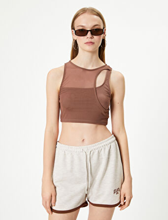 Tül Detaylı Asimetrik Yaka Crop Atlet 