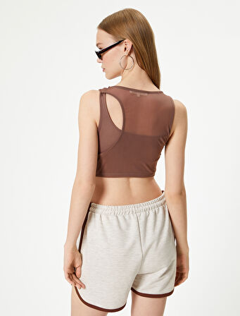 Tül Detaylı Asimetrik Yaka Crop Atlet 