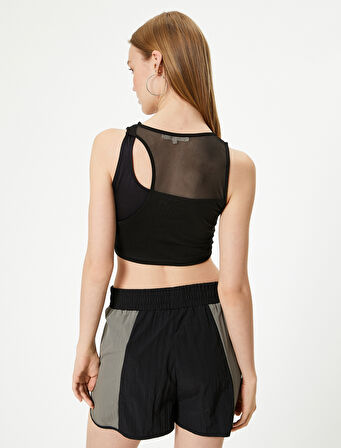 Tül Detaylı Asimetrik Yaka Crop Atlet 