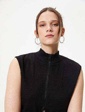 Kolsuz Hırka Dik Yaka Çift Taraflı Fermuarlı Cepli Slim Fit