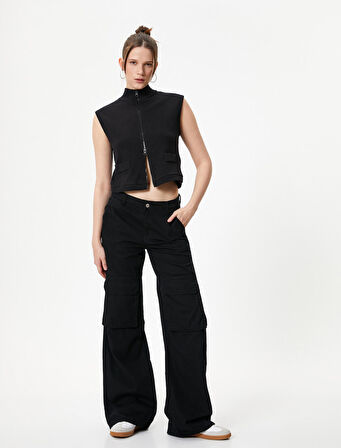 Kolsuz Hırka Dik Yaka Çift Taraflı Fermuarlı Cepli Slim Fit