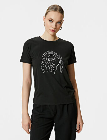 Baskılı Tişört Bisiklet Yaka Kısa Kollu