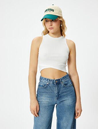 Crop Fitilli Atlet Asimetrik Kesim Bisiklet Yaka