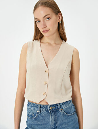 Crop Yelek Bluz İnce Aerobin Kumaş V Yaka Düğmeli