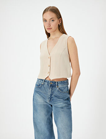 Crop Yelek Bluz İnce Aerobin Kumaş V Yaka Düğmeli