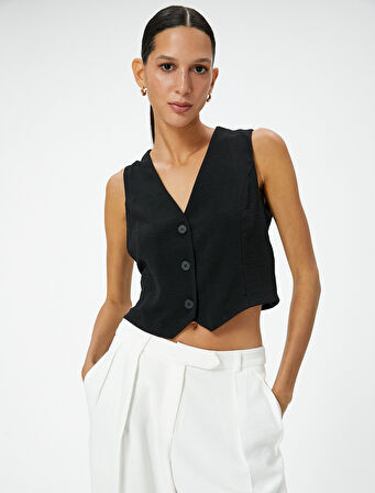 Crop Yelek Bluz İnce Aerobin Kumaş V Yaka Düğmeli