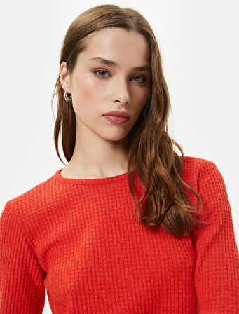 Uzun Kollu Tişört Bisiklet Yaka Dokulu