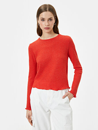 Uzun Kollu Tişört Bisiklet Yaka Dokulu