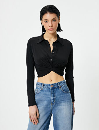 Crop Gömlek Slim Fit Bağlama Detaylı Klasik Yaka