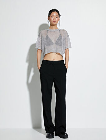 Crop Merserize Kazak Metalik Simli Kısa Kollu