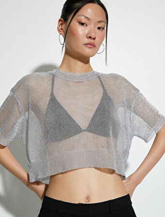 Crop Merserize Kazak Metalik Simli Kısa Kollu