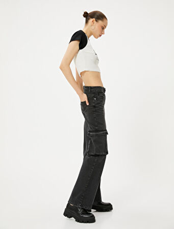Kargo Kot Pantolon Düz Paça Standart Bel Cepli Pamuklu - Nora Cargo Straight Jeans 