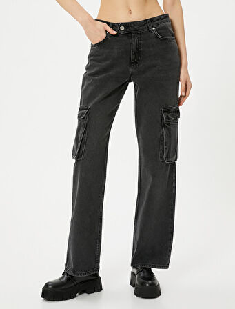 Kargo Kot Pantolon Düz Paça Standart Bel Cepli Pamuklu - Nora Cargo Straight Jeans 