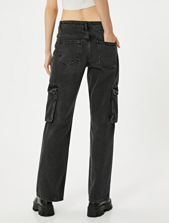 Kargo Kot Pantolon Düz Paça Standart Bel Cepli Pamuklu - Nora Cargo Straight Jeans 