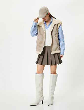 Biker Yelek Yakası Suni Kürklü Fermuarlı Cepli