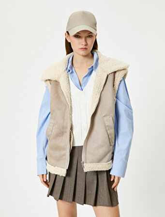 Biker Yelek Yakası Suni Kürklü Fermuarlı Cepli