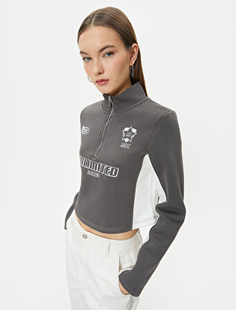 Yarım Fermuarlı Sweatshirt Crop Dik Yaka Renk Bloklu