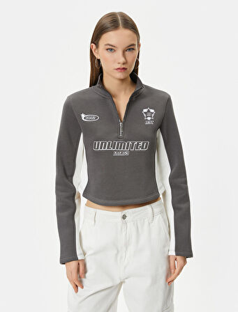 Yarım Fermuarlı Sweatshirt Crop Dik Yaka Renk Bloklu