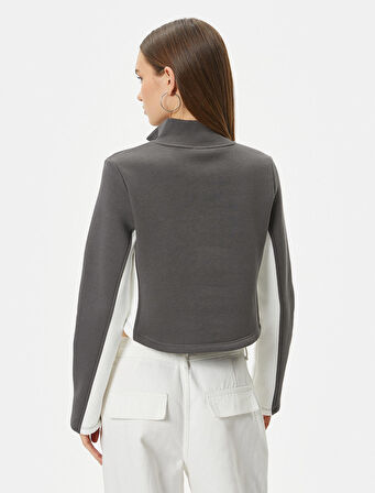 Yarım Fermuarlı Sweatshirt Crop Dik Yaka Renk Bloklu