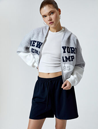 Kapüşonlu Fermuarlı Sweatshirt Crop Uzun Kollu İşlemeli