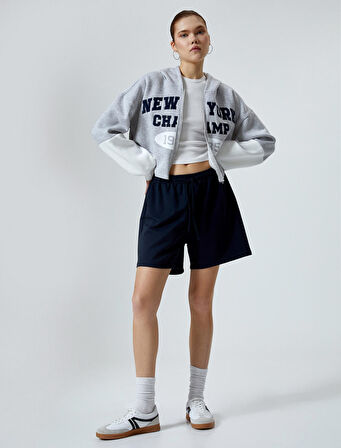 Kapüşonlu Fermuarlı Sweatshirt Crop Uzun Kollu İşlemeli