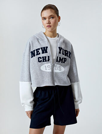 Kapüşonlu Fermuarlı Sweatshirt Crop Uzun Kollu İşlemeli