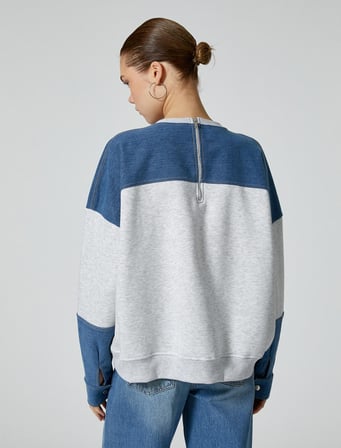 Kot Detaylı Sweatshirt Bisiklet Yaka Arkası Fermuar Detaylı