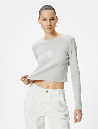 Uzun Kollu Tişört Kayık Yaka Baskılı Pamuklu