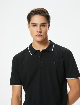 Polo Yaka Tişört Slim Fit Düğmeli Kısa Kollu Biyeli