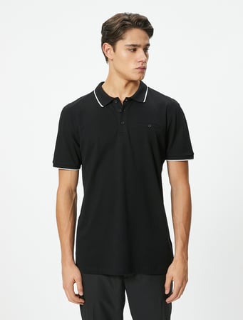 Polo Yaka Tişört Slim Fit Düğmeli Kısa Kollu Biyeli