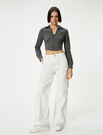 Gömlek Yaka Crop Bluz Slim Fit Uzun Kollu Korse Görünümlü