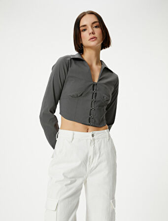 Gömlek Yaka Crop Bluz Slim Fit Uzun Kollu Korse Görünümlü