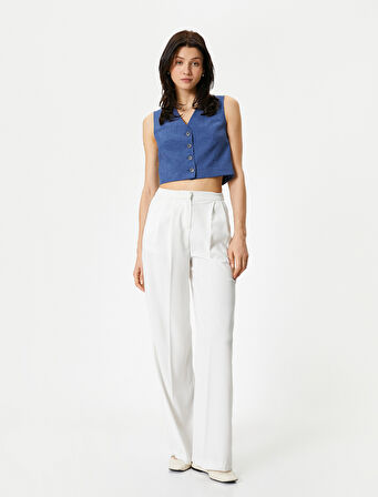 Crop Yelek V Yaka Düğmeli Fleto Cepli