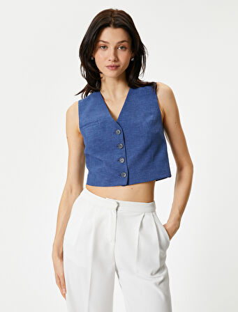 Crop Yelek V Yaka Düğmeli Fleto Cepli