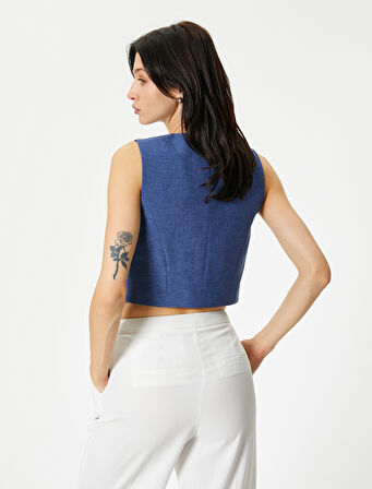 Crop Yelek V Yaka Düğmeli Fleto Cepli