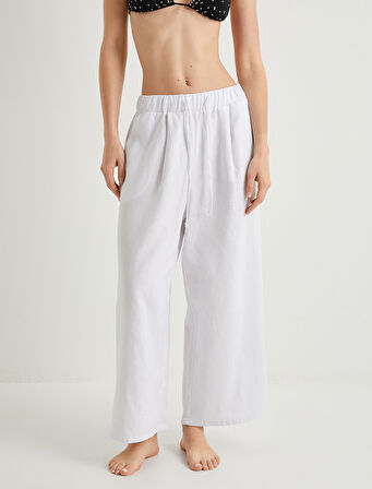 Plaj Pantolonu Culotte Bol Paça Oversize Beli Bağcıklı Cepli Keten Karışımlı