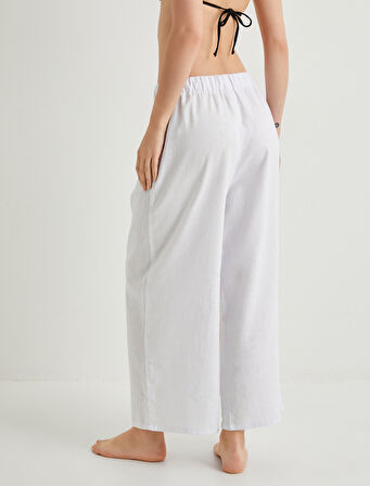 Plaj Pantolonu Culotte Bol Paça Oversize Beli Bağcıklı Cepli Keten Karışımlı