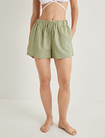 Mini Keten Şort Beli Bağlamalı Cepli Rahat Kalıp