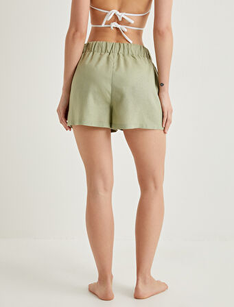 Mini Keten Şort Beli Bağlamalı Cepli Rahat Kalıp