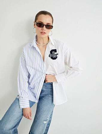 Oversize Gömlek Kolej İşlemeli Düğmeli 