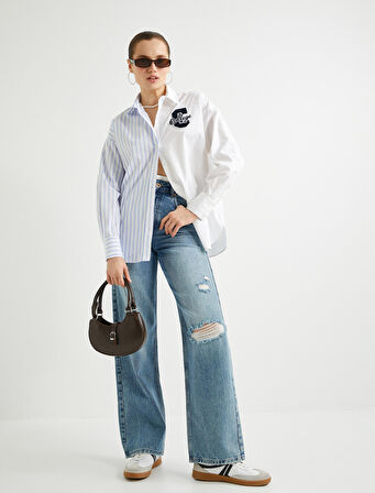 Oversize Gömlek Kolej İşlemeli Düğmeli 