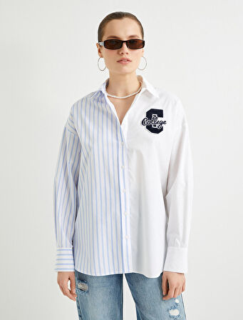 Oversize Gömlek Kolej İşlemeli Düğmeli 