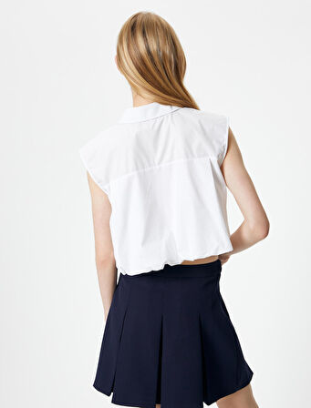 Crop Gömlek Kısa Kollu Düğmeli Cep Detaylı Pamuklu