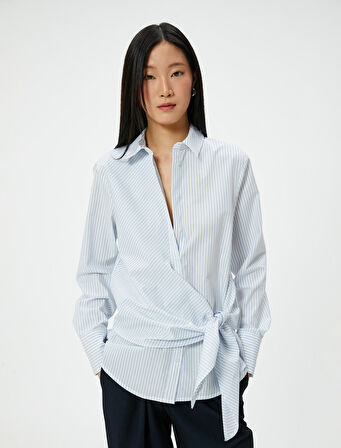 Pamuklu Gömlek Düğmeli Uzun Kollu Standart Kesim Düğüm Detaylı