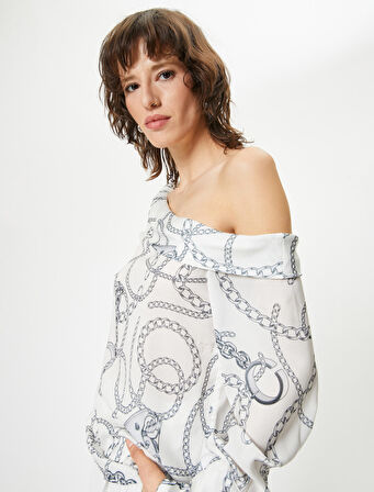 Degaje Yaka Bluz Şal Desenli Uzun Kollu