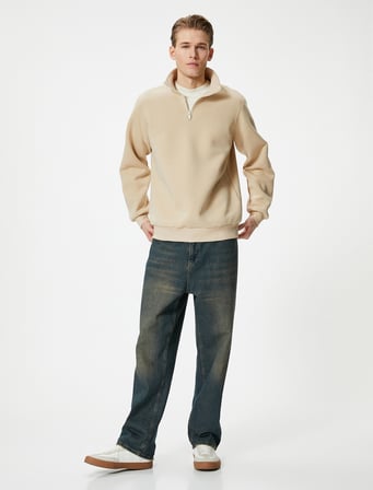 Yarım Fermuarlı Sweatshirt Basic Dik Yaka Ribanalı Uzun Kollu