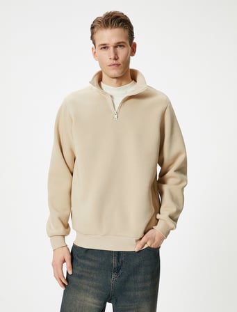 Yarım Fermuarlı Sweatshirt Basic Dik Yaka Ribanalı Uzun Kollu