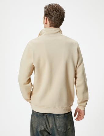 Yarım Fermuarlı Sweatshirt Basic Dik Yaka Ribanalı Uzun Kollu
